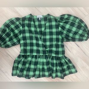 GANNI GREEN SEERSUCKER CHECK WRAP BLOUSE - SIZE 34